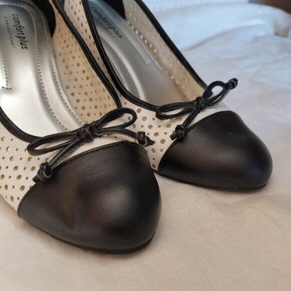 Women's Shoes Comfort Plus Predictions heels black white w/bow sz 7 1/2 Wide - Picture 3 of 10